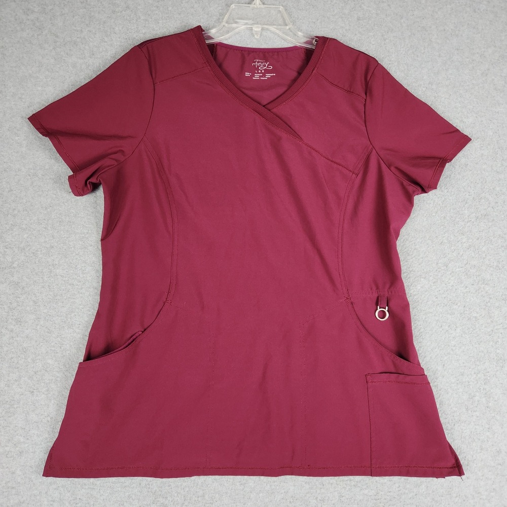 Cherokee Infinity Mock Wrap Scrub Top Womens Large Wine Moisture Wicking Stretch